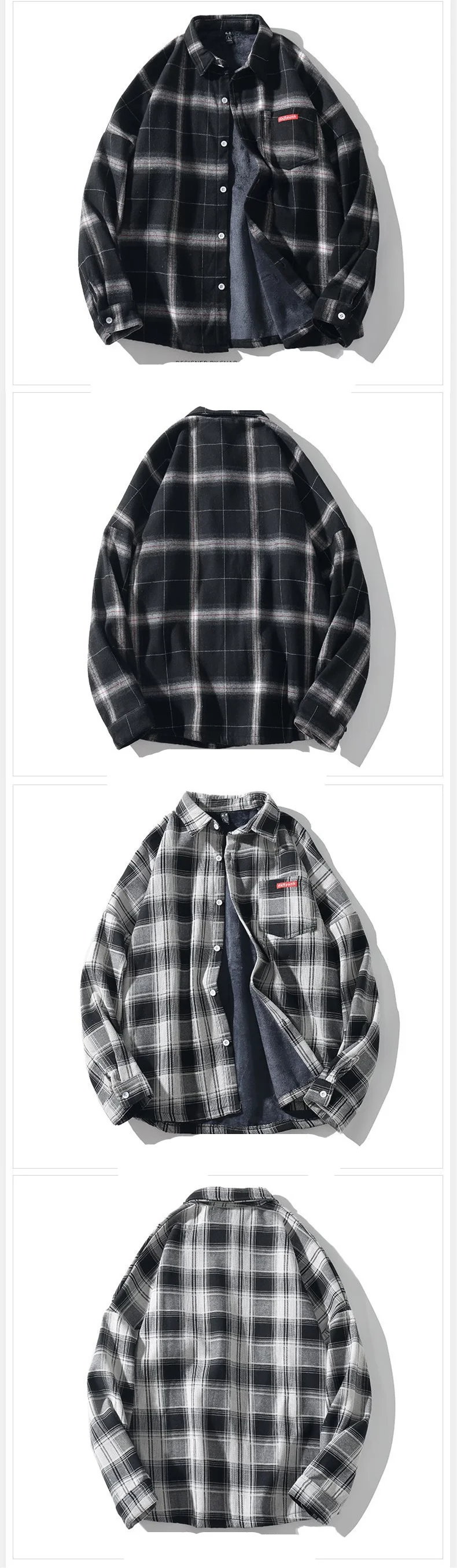 FGKKS Casual Brand Men Plaid Shirts Men's Plus velvet Long Sleeve Shirts Fashion Trend Male Turn-down Collar Shirt Coat