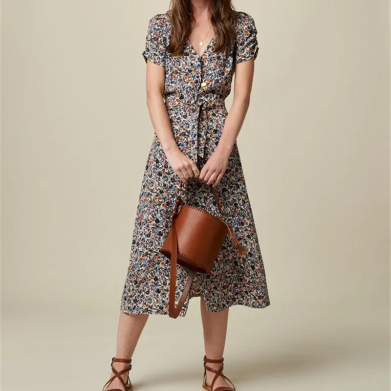 

Women Floral Printed Robe Short Sleeve V-neck Lace-up Sashes Female Midi Dresses