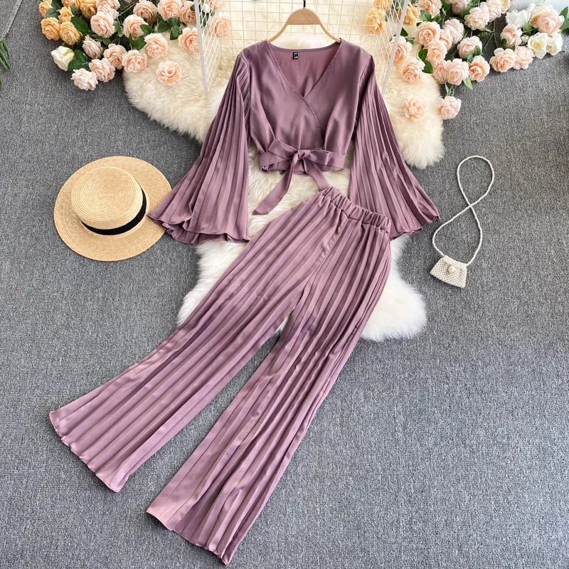 

Professional Suit 2021 New Style Ladies Shirt Heavy Pleated Slim Fit Wide-leg Pants Fashionable Two-piece Suit GL029