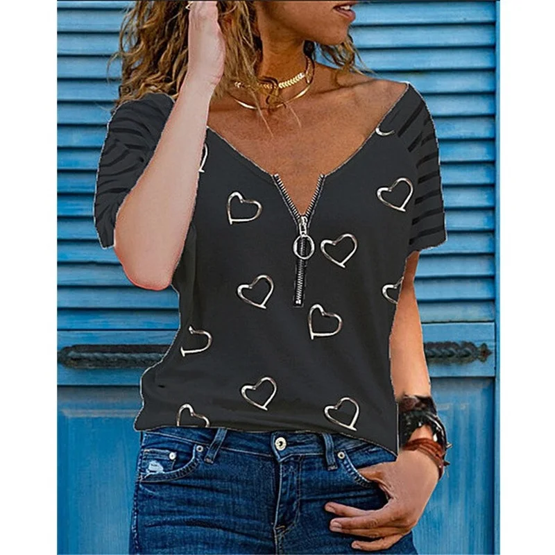 

New 2021 Women Shirt Summer Blouse Love Print Short Sleeve Female Zipper V Neck Shirts Office Fashion Tops Plus Size 5XL Blouses