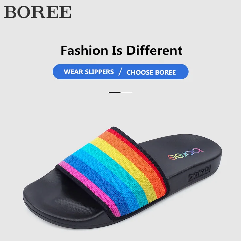 Симпатичные женские тапочки BOREE в радужную полоску летняя уличная женская обувь