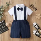 Летняя одежда для маленьких мальчиков в джентльменском стиле костюмы для дня рождения одежда для малышей Летние футболки для мальчиков с галстуком-бабочкой в джентльменском стиле для мальчиков комбинезоны в полоску костюм с короткими рукавами, комплект одежды