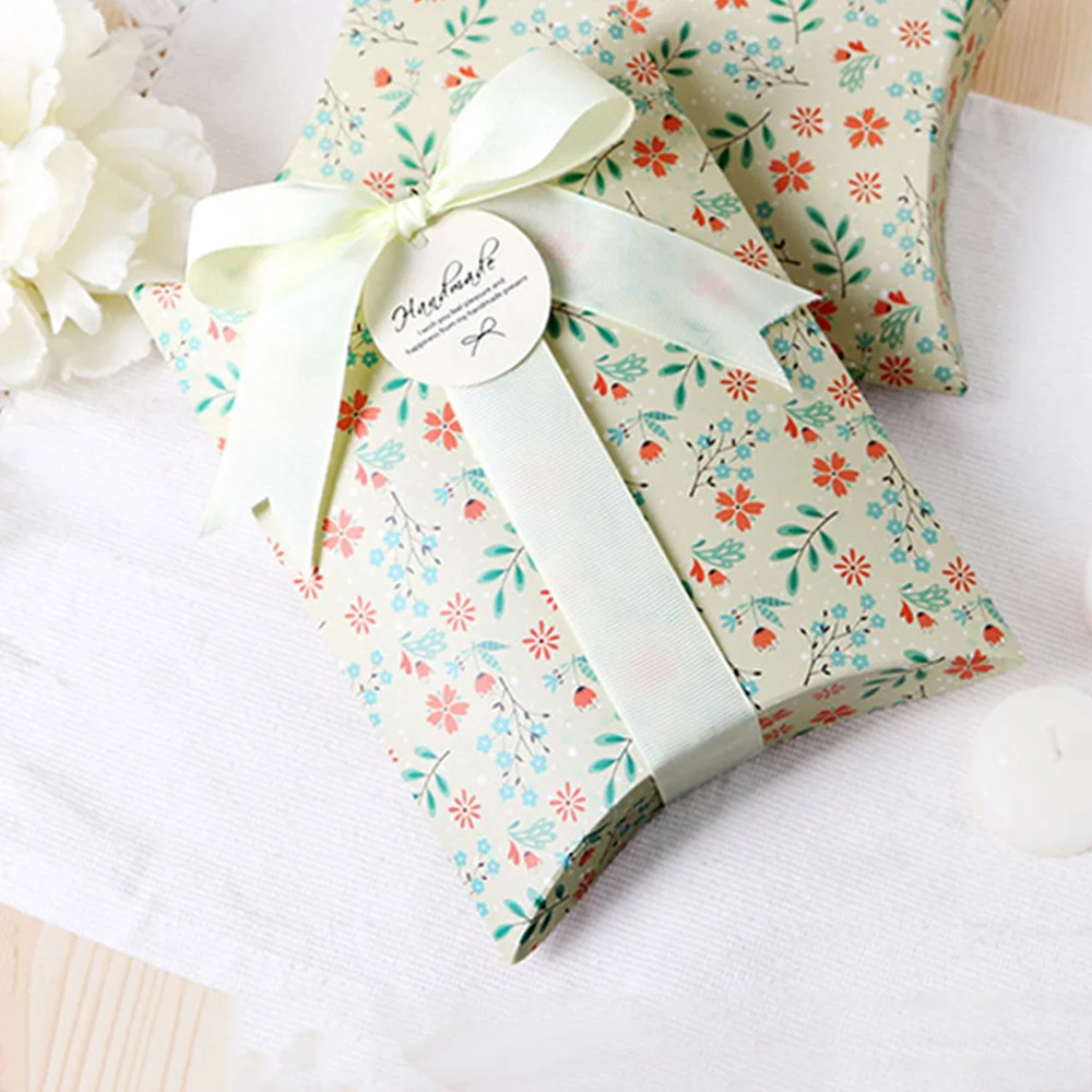 

50pcs Candy Box Paper Gift Boxes Ribbon Wedding Party Favors Bags Decoration Fresh Floral Pillow Paper Box Supplies