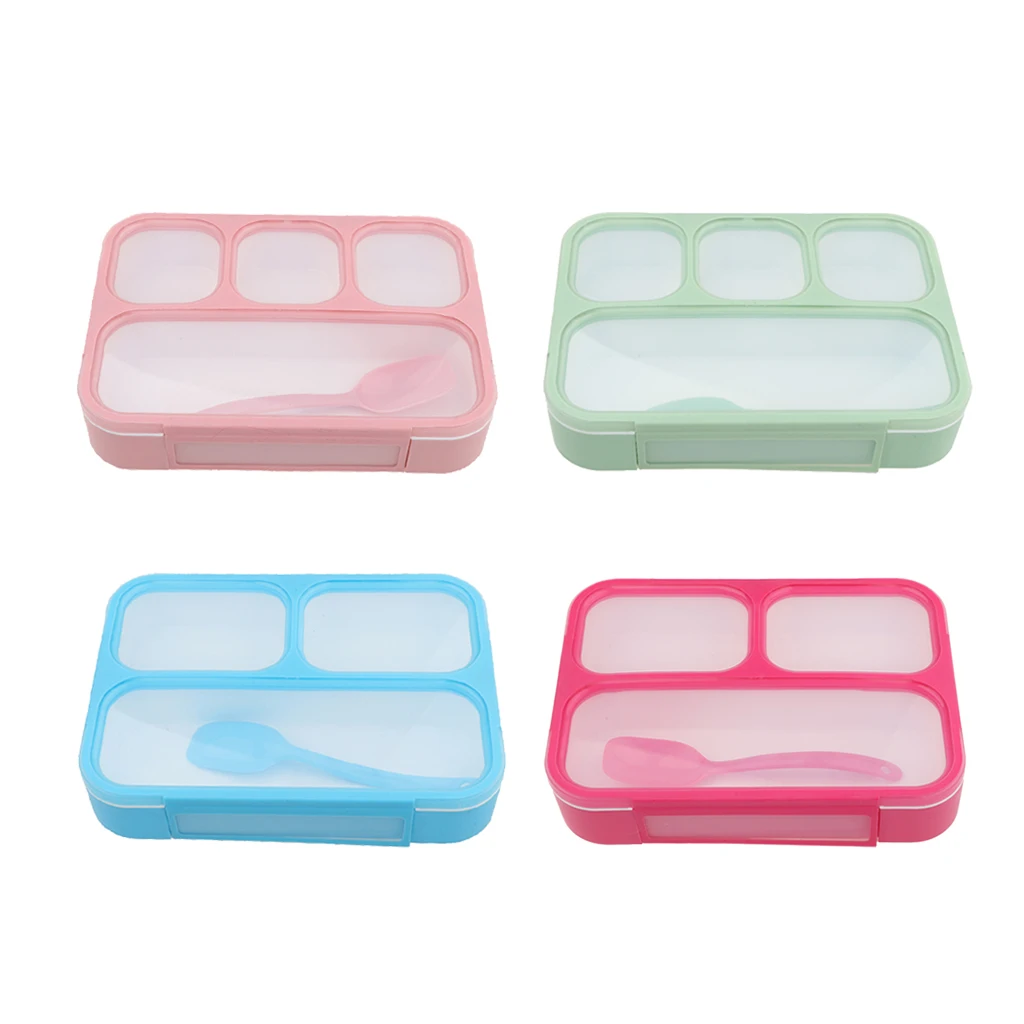 

4x Plastic Food Container Bento Lunchbox Divided Compartment Spoon