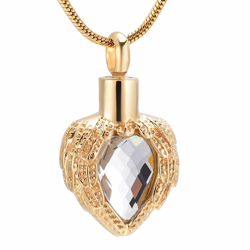 

Golden Angel Wing Birthstone Heart Pendant Big stone Necklace Ashes urn Memorial Keepsake cremation crystal jewelry never fade