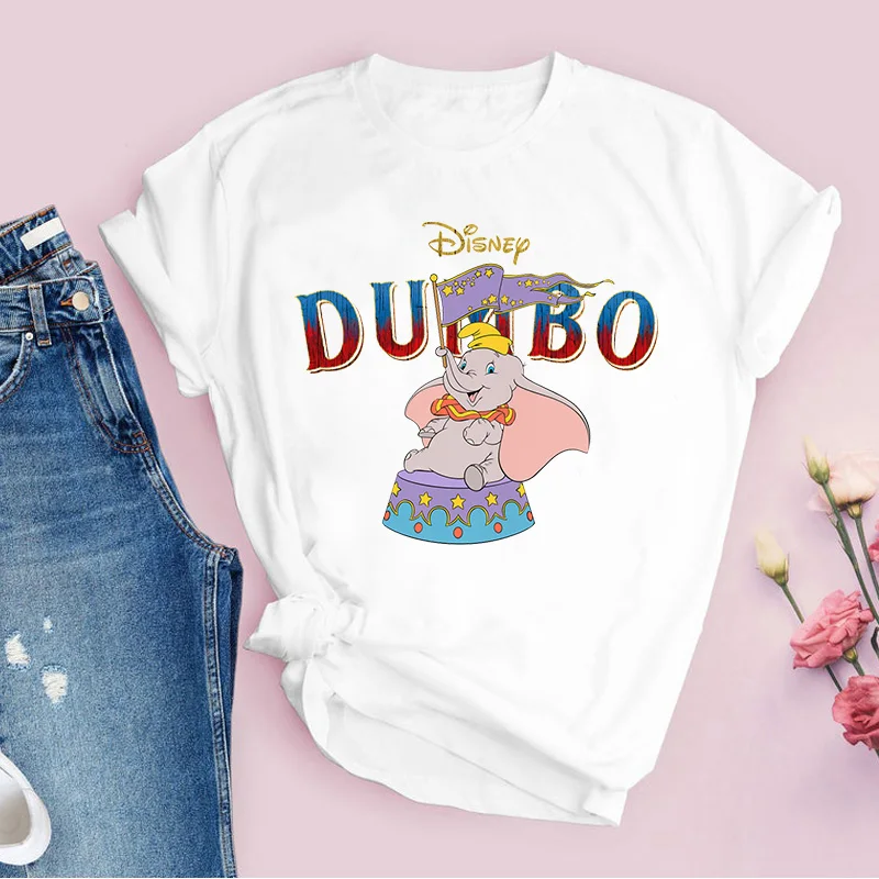 

Disney T-Shirts Harajuku Cartoon Dumbo Elephant Print Tee Fashion O-Neck Short Sleeve T Shirt Women Cute Casual White Female Top