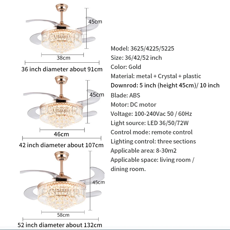 36 дюймов led Хрустальные невидимые потолочные вентиляторы лампа с пультом