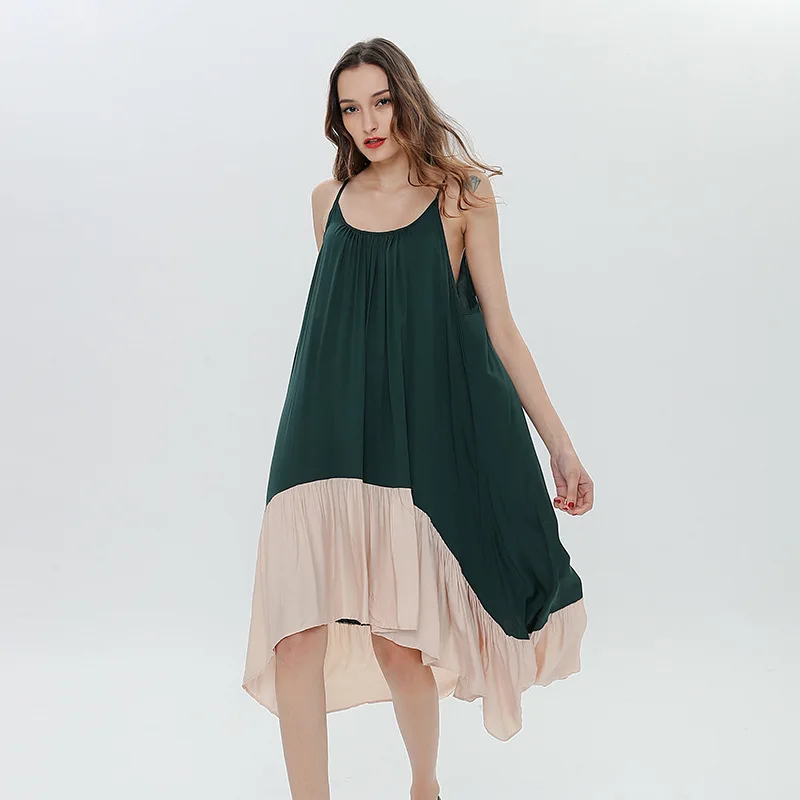 

2020 Spring New Color Block Dress Women Women's High-Waisted Loose L Irregular Hem Pleated Dress Women Party Dress