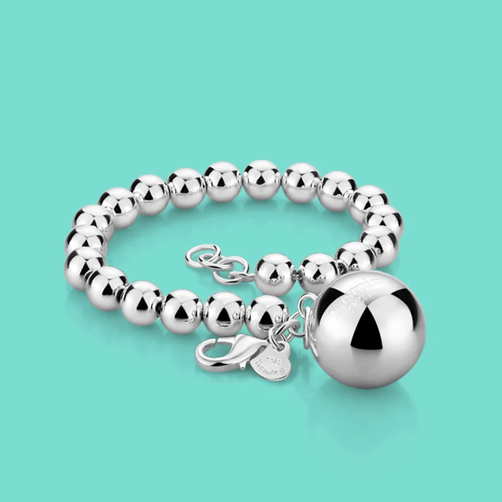 

Women's 925 Sterling Silver Bracelet Ethnic The Ball Pendant Beaded Bracelet Lady Charm Silver Jewelry 20cm Chain Solid Silver