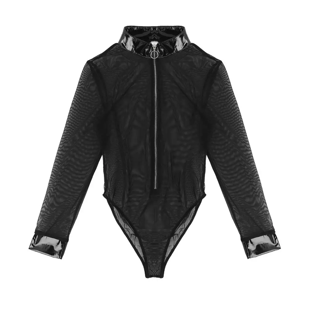 

Womens Halloween Cosplay Lingerie Sexy See Through Police Officer Bodysuit Uniform Long Sleeves High Cut Cop Catsuit Nightwear