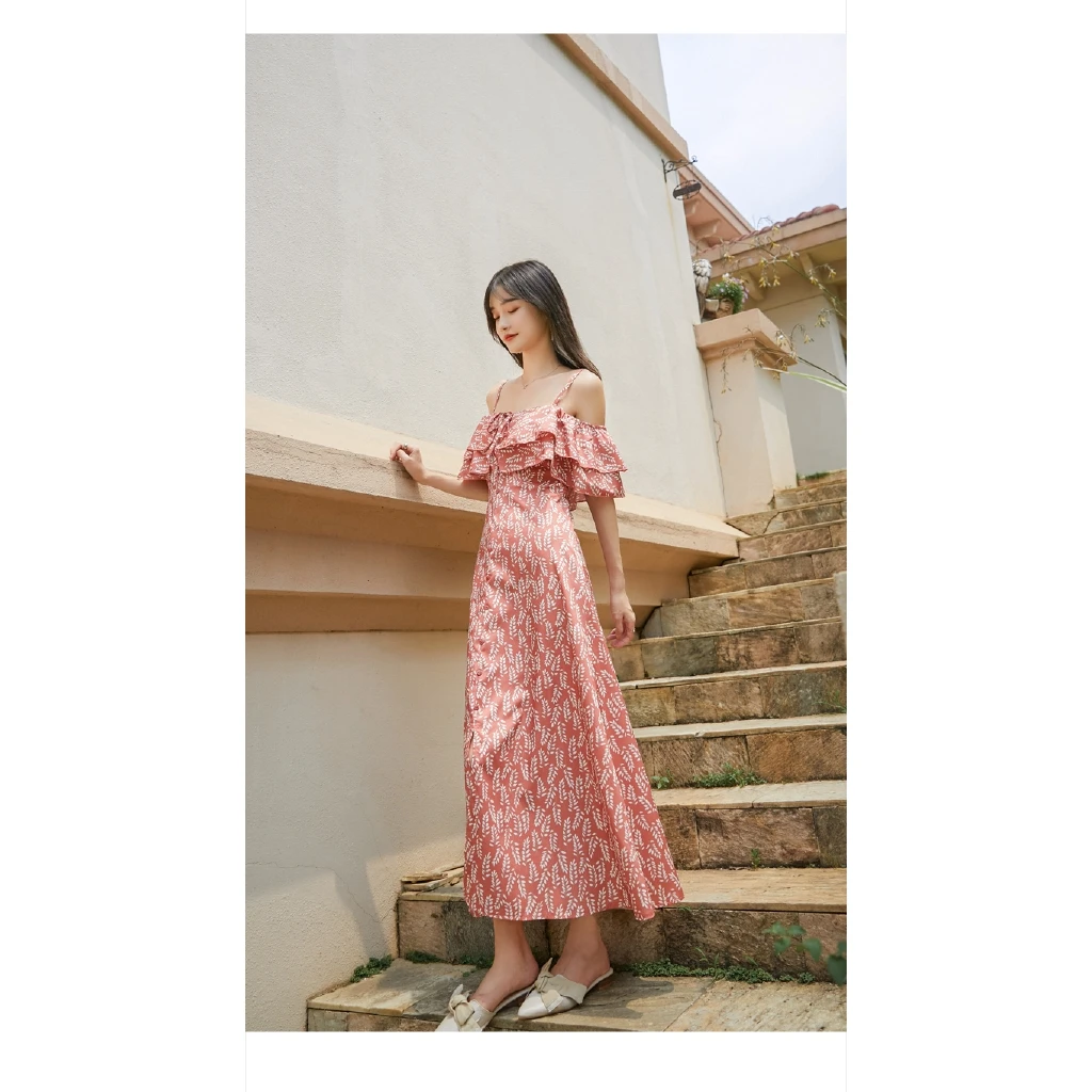 

One-shoulder Dress Female Summer Lotus Leaf Off-the-shoulder Suspender Skirt Main Waist Slim Slimming Split Beach Floral Dress