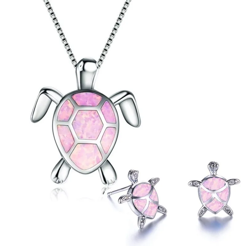

New Classic Cute Sea Turtle Necklace Earrings set Trendy Animal Fire Opal Stud For girl Women Best Gift Jewelry