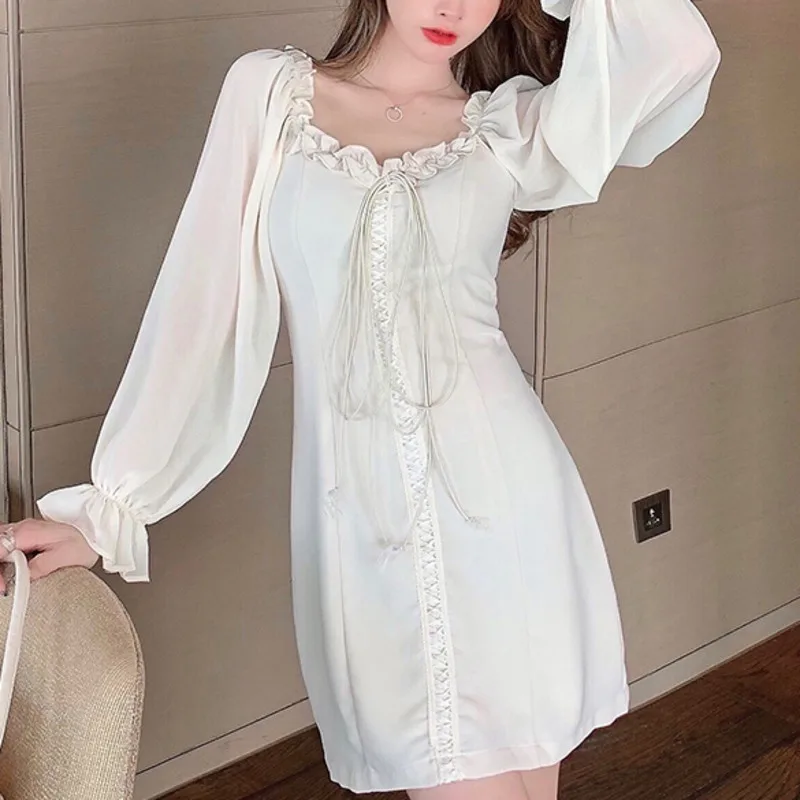 

French Off The Shoulder Slim Waist Sexy Elegant White Dress 2021 Women Bandage Retro Party Mini Dress Spring Vestido De Mulher