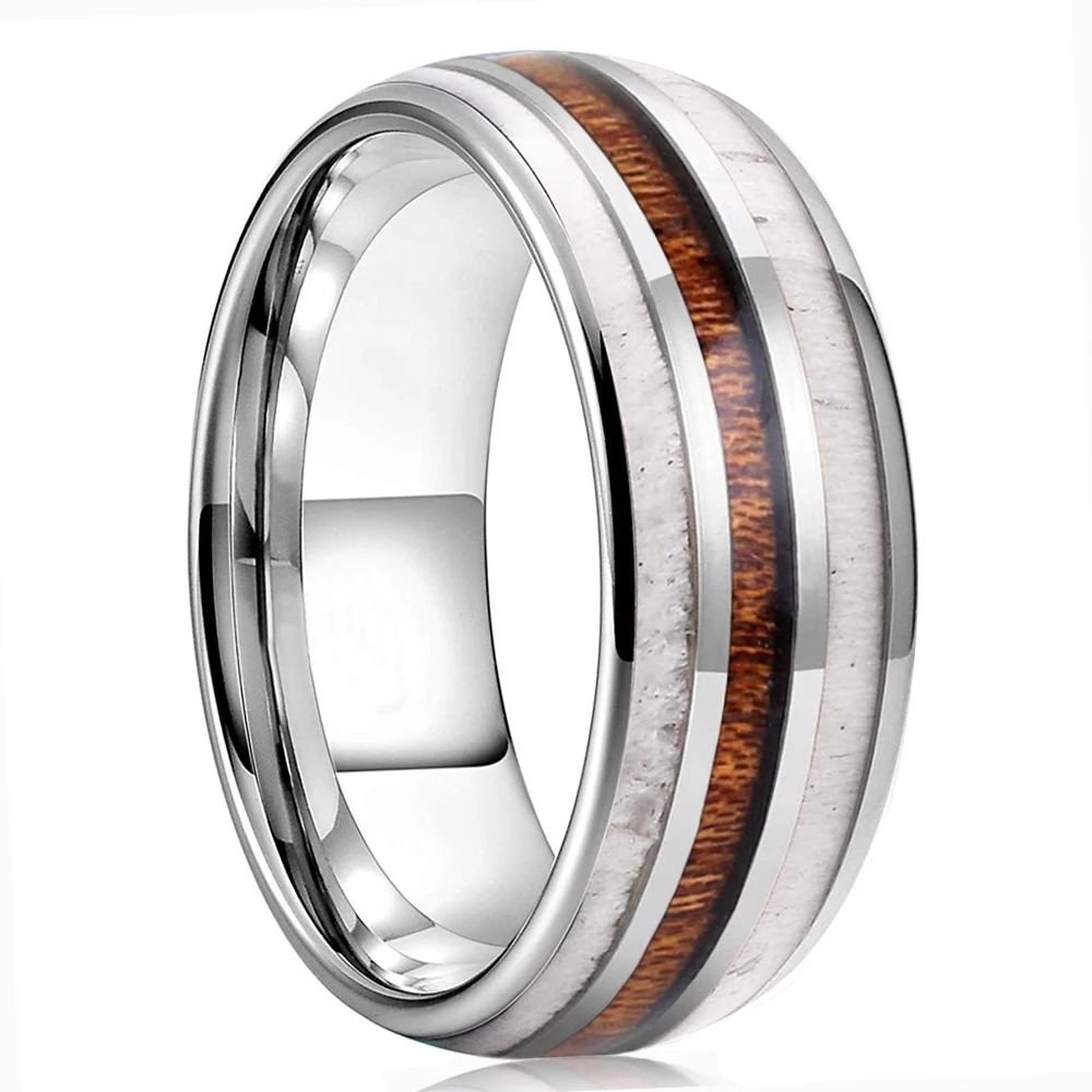 

Fashion 8mm Men's Silvery Stainless Steel Ring Koa Wood Deer Antler Inlay Dome Engagement Ring Men's Wedding Band Jewelry Gift