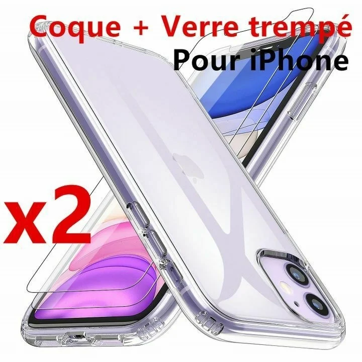 

2 Coque Etui TPU iPhone 6S/7/8/Plus/XR/XS MAX + 2 Vitre Verre tremp Protection