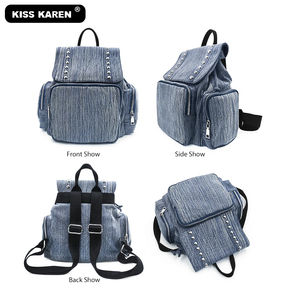 Casual Fashion Women's Backpacks with Rock Rivets Jeans Denim Travel Bags Studded Drawstring | Багаж и сумки