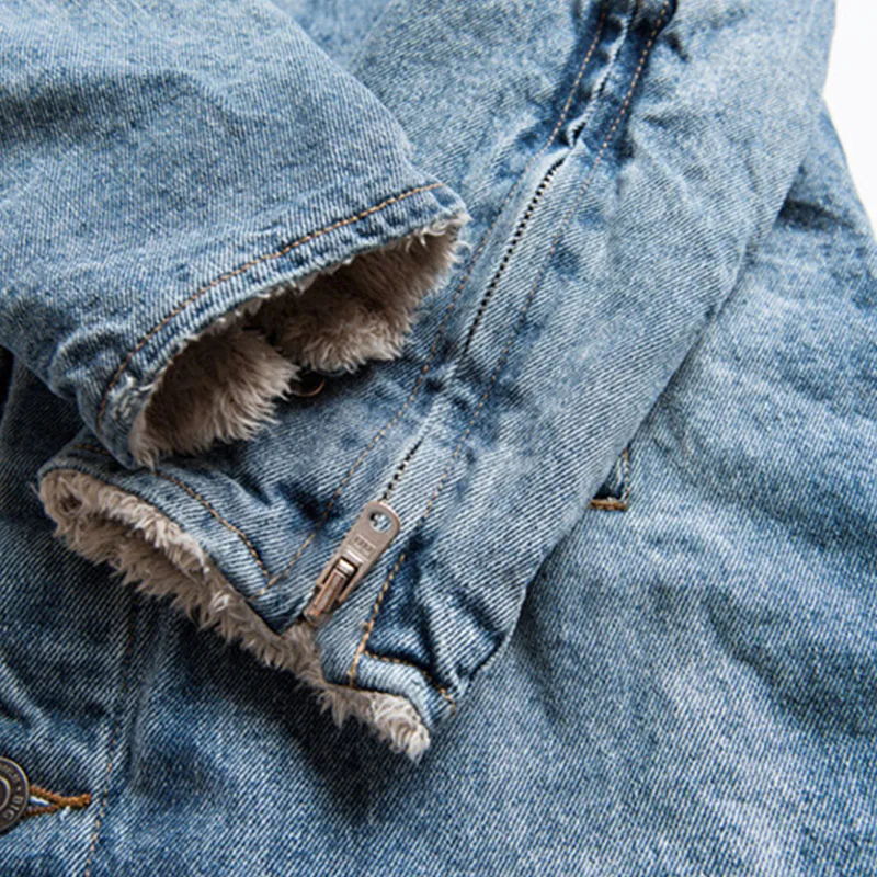 Трендовая Мужская джинсовая ветровка средней длины бархатная теплая зимняя