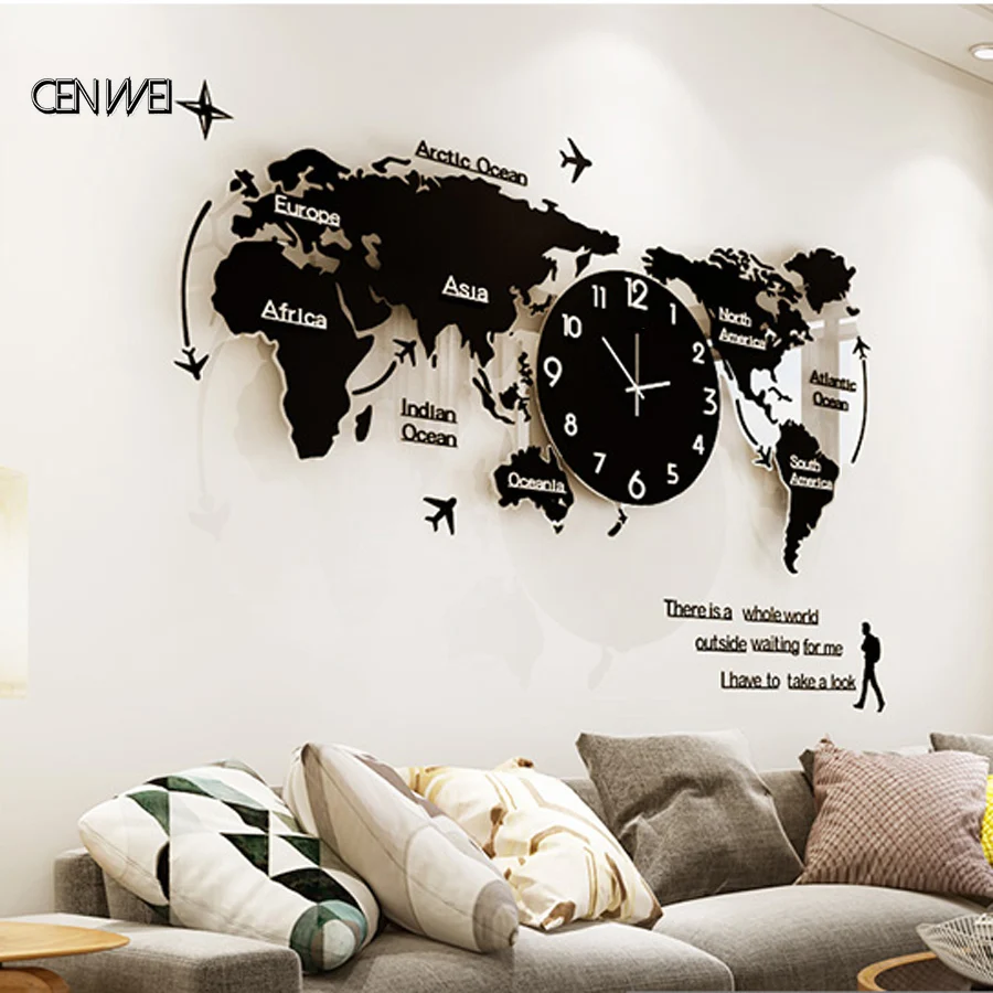 World Map Wall Clock Luminous Modern Design for Living Room Glow in Dark Large Acrylic Sticker Watch Home Decor | Дом и сад