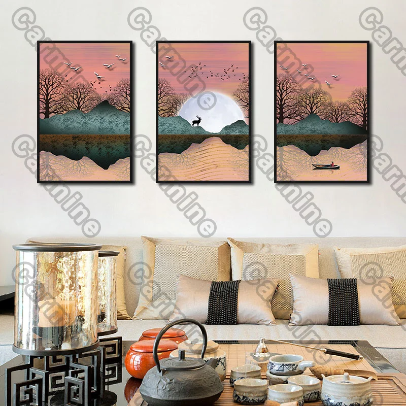

Poster Red Sky Bright Moon Landscape Canvas Painting and Prints Wall Art Pictures Decoration for Living Room 3Pcs Frameless
