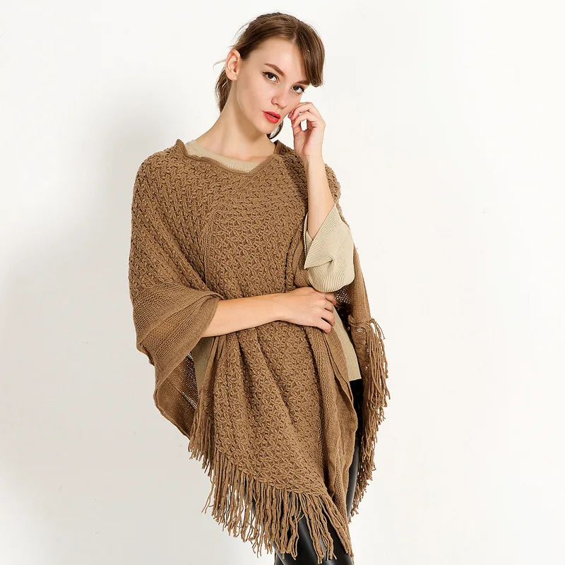 Модные женские вязаные платки и пончо высокого качества из акрила с бахромой, плащи-накидки осень-зима, вязаные шаль-пуловеры.