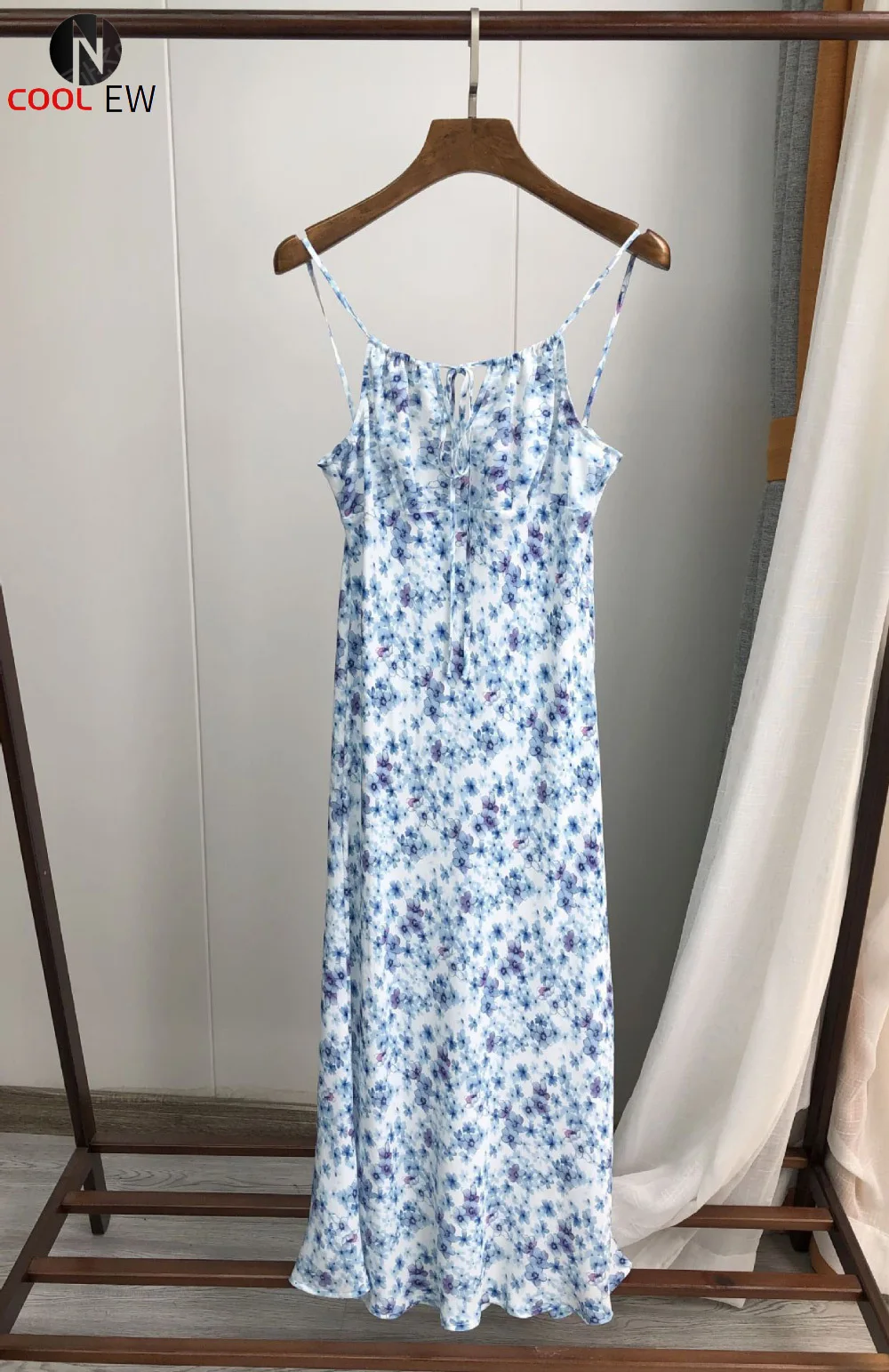 

Elfbop Top Silk Ladies Blue Floral Printed Slim Strap Midi Dress Features Drawstring Ties