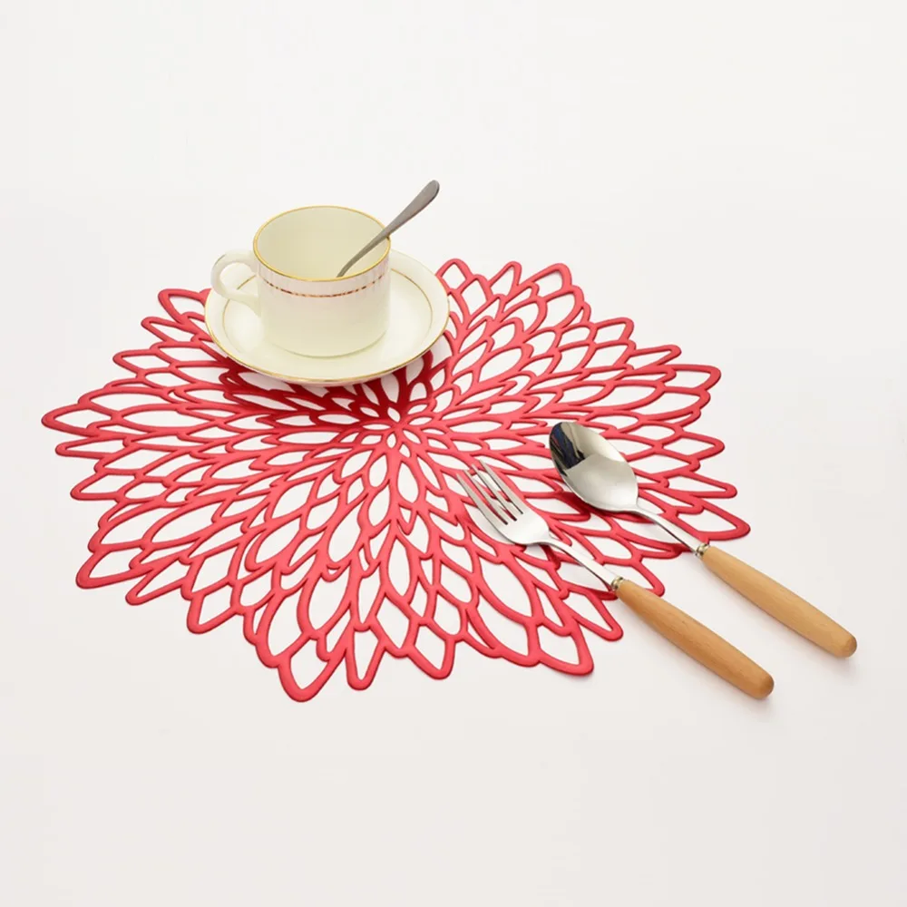 PVC Material Placemat Hollowed Gold Stamping Placemat Hibiscus Flowers Shape Unique Placemat for Home Decor Dining Table
