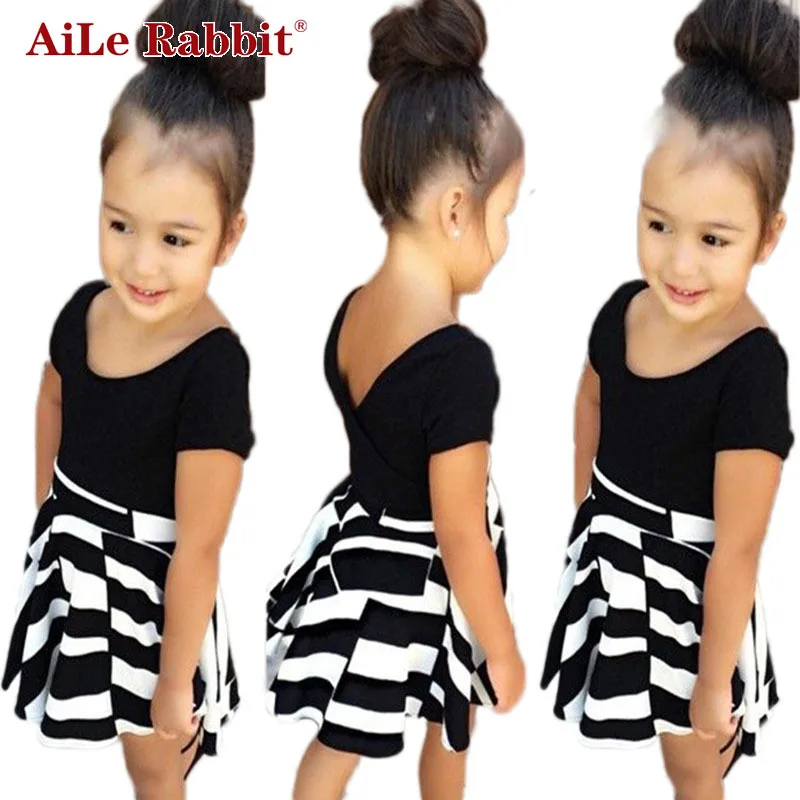 Girls Striped Dress INS European And American Style Children's Wear Short-sleeved Summer Cotton Black k1 | Детская одежда и
