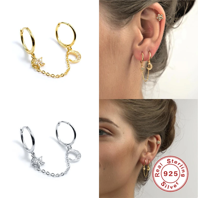 

Boako 925 Sterling Silver Earring Moon Star Shape Earbone Huggie Dangle Hoop Earrings For Women brincos oorbellen pendientes