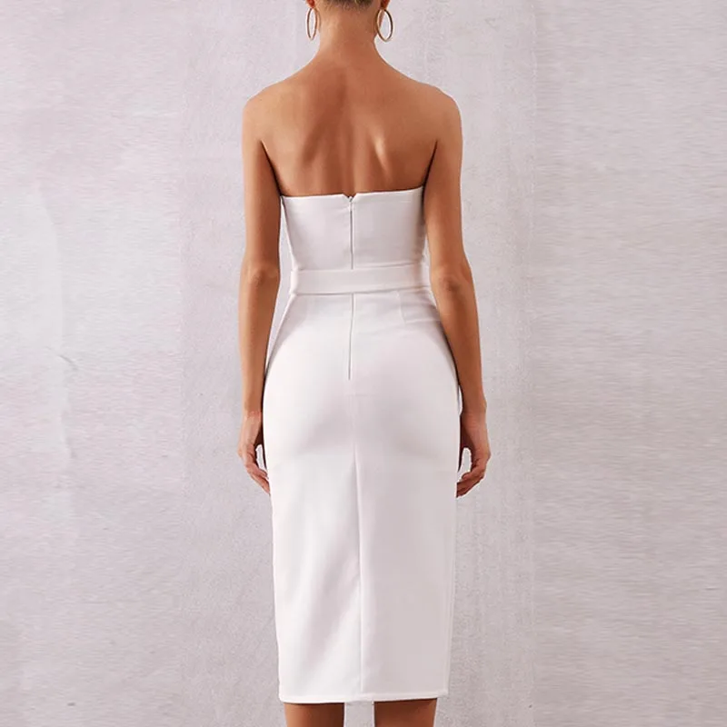 Женское вечернее платье без бретелек Max Spri белое однотонное рукавов с поясом и