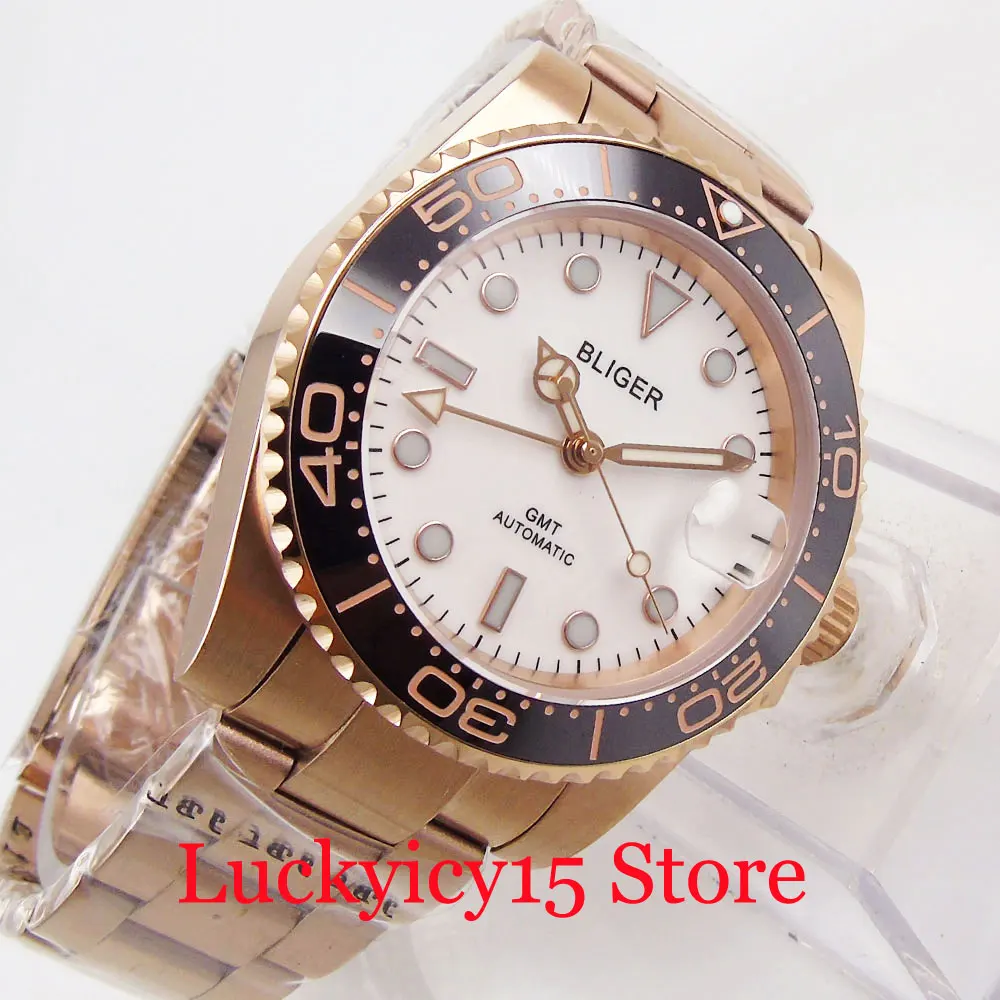 

BLIGER Rose Gold Self Winding Men Wristwatch Sapphire Glass MIYOTA Movement White Dial Deployment Clasp