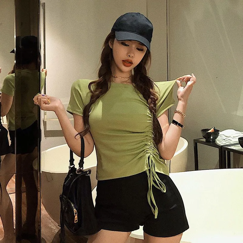 Женская футболка Летняя однотонная Свободная блузка с кулиской в Корейском