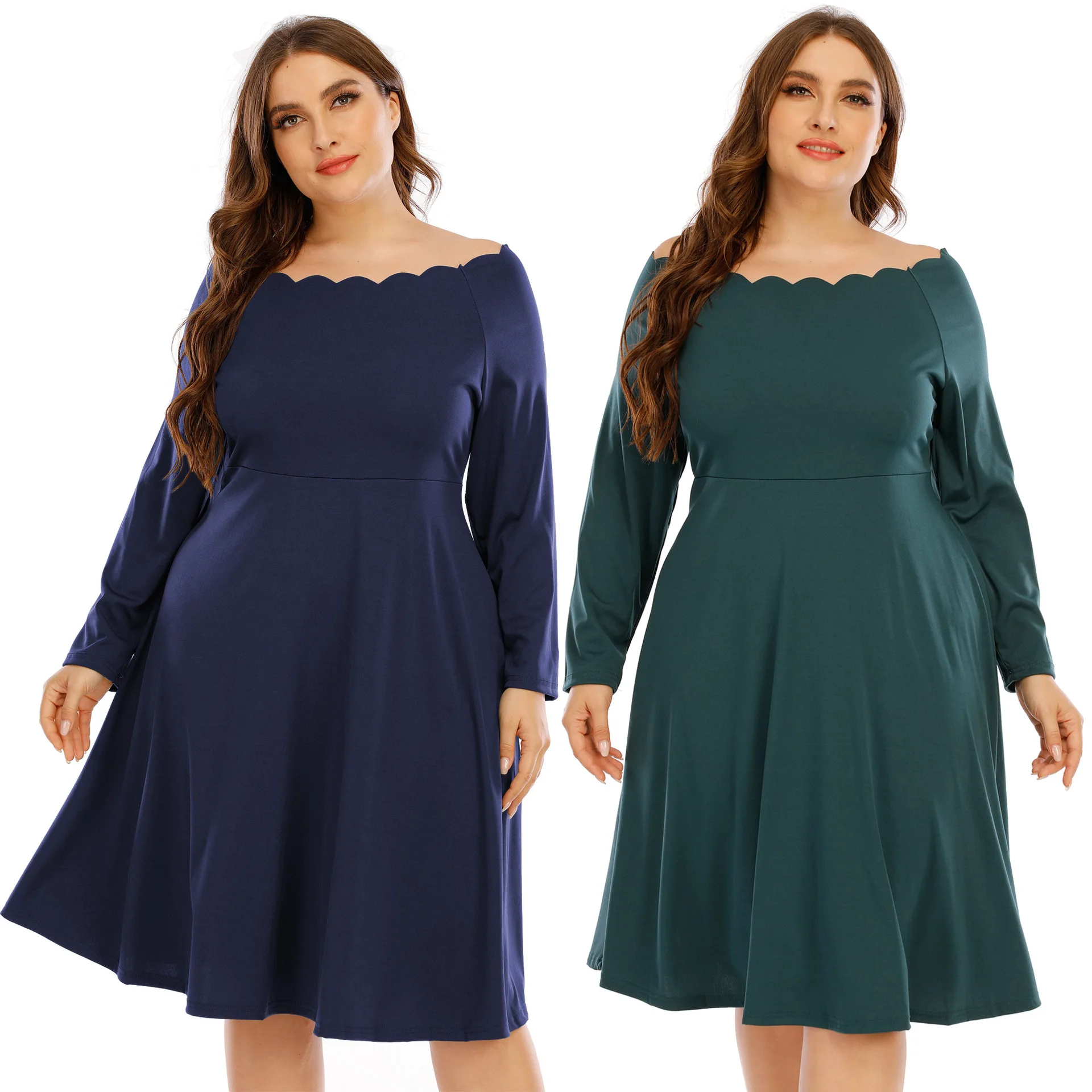 

dress 2021 European and American plus size women's solid color wavy side neckline fashion simple waist big swing dress