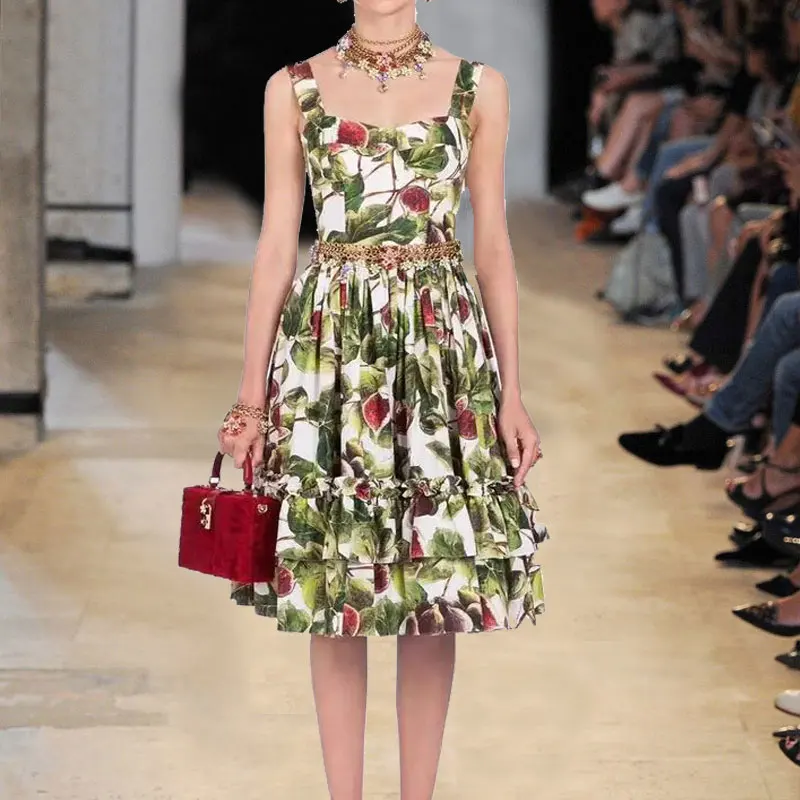 Женское платье на бретелях-спагетти с принтом в виде тропических листьев инжиров