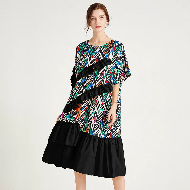 

LANMREM Loose Large Size Foreign Style Ruffle Contrast Dress Show Thin Cover Casual Women's Summer 2021 New Arrival 2K1640