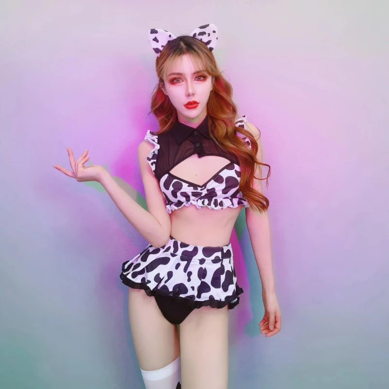 

New Nightclub Female Singer Stage Performance Costumes Bar Dj Ds Black And Black Sexy Cow Print Bikini Suit Rave Outfits DWY6990