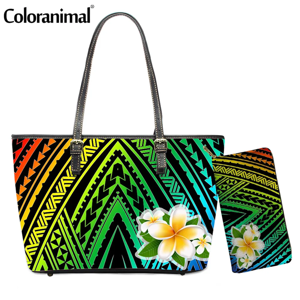 

Coloranimal Ladies PU Tote Shoulder Bag 2Pcs/Set Crossbody Bag&Purse Gradient Polynesian Plumeria Printed Women Messenger Bag