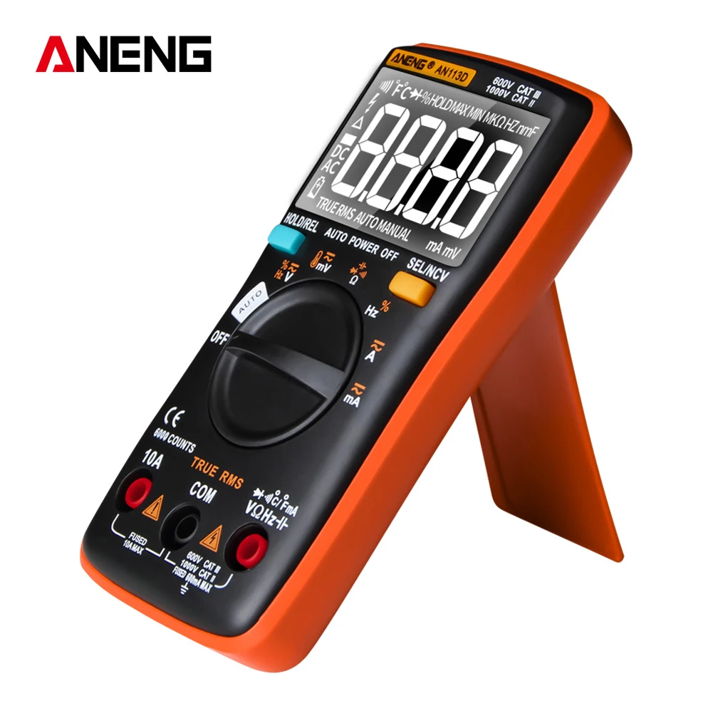 AN113D Digital Multimeter 6000 Counts Electrical Transistor Tester Temperature Auto Ranging AC/DC Voltage Meter for Electrician