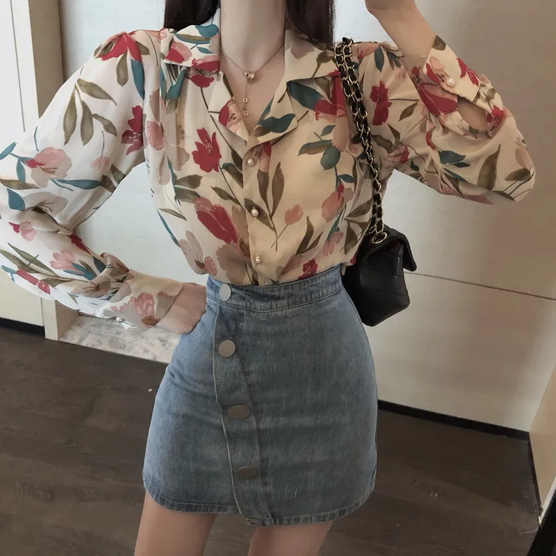 

Casual Vintage Single-breasted Floral Shirt Women's Shirts Kawaii Student Ulzzang Lady Ulzzang Harajuku Ins Top for Women Chic