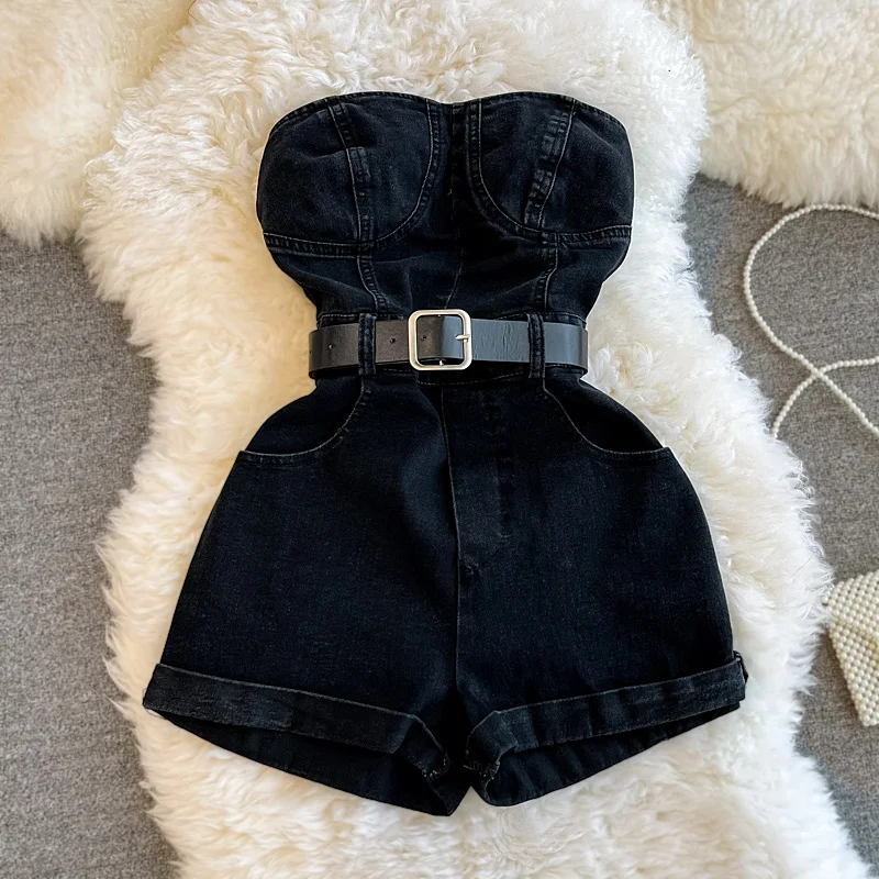 

Fashion Girl Street Strapless Jeans Bra Bodysuits Fashion One-piece Women's Summer Sexy Wide Leg Denim Shorts Playsuits