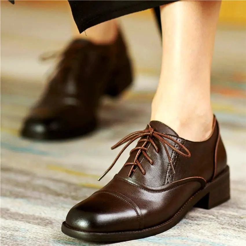 

Casual Shoes Women's Genuine Leather Brogue Oxfords Lace Up Ankle Boots Round Toe Cuban Low Heel Military l 34 35 36 37 38 39