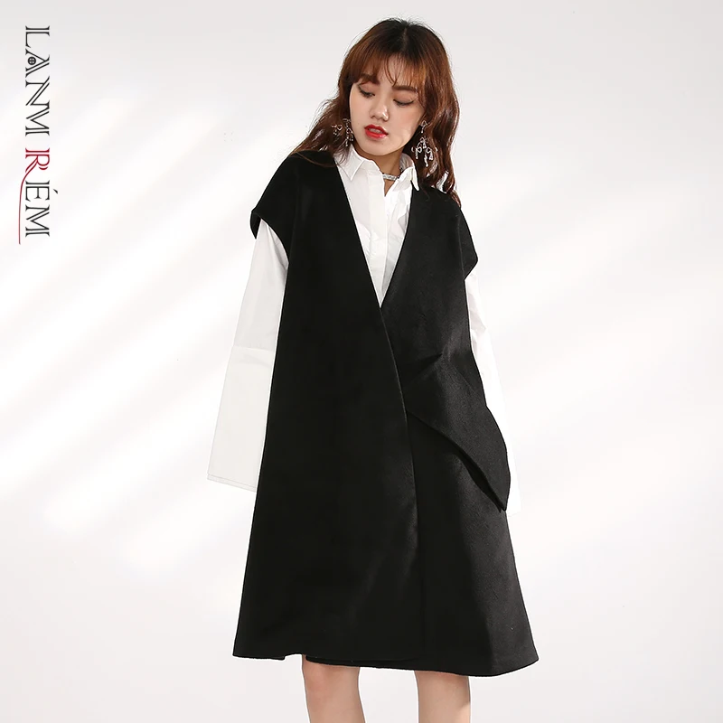 

LANMREM Women's Thick Sleeveless Large Vest 2021 Autumn Winter New Big Pockets V Neck Mid Length Waistcoat Famale TC172