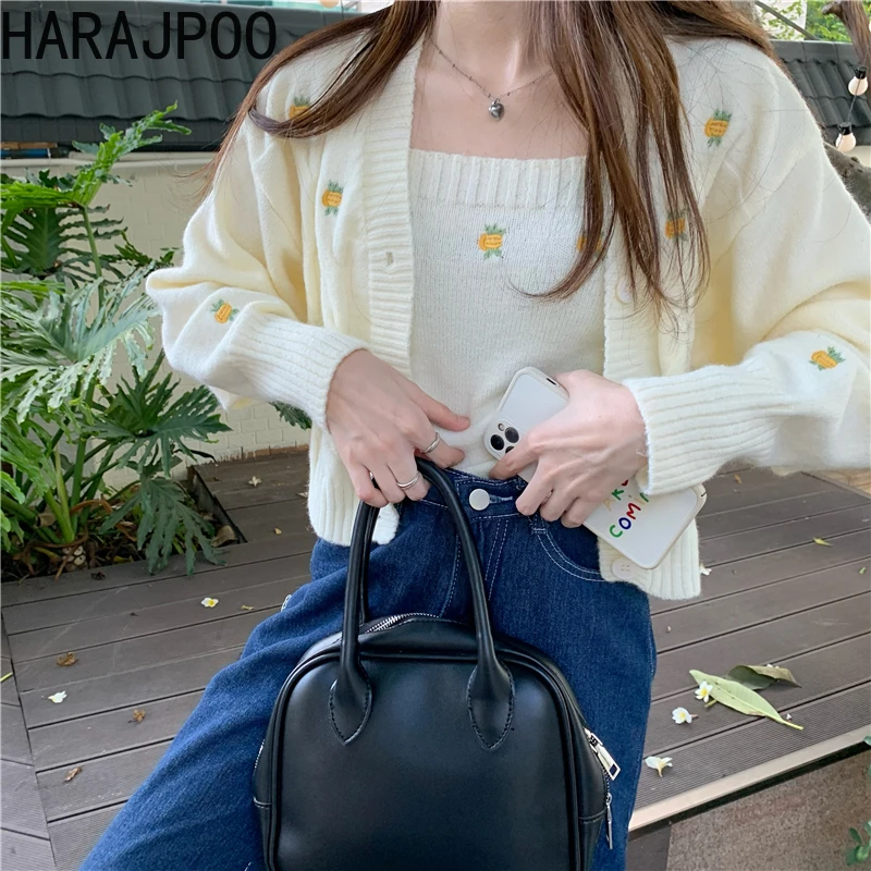 

Harajpoo Cardigans Women Flower Embroidery Fall Korean New Loose Long Sleeve V Neck Single Breasted Knit Camisole Two Piece Sets