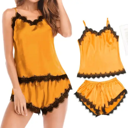 

Pajamas for Women 2Pcs Sleepwear Sexy Nightwear Satin Lingerie Underwear Babydoll Strap Solid Color Lace Set
