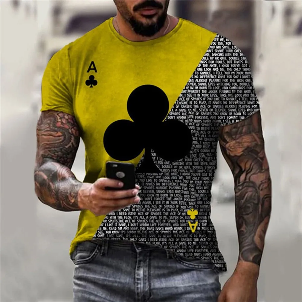 

Mens Playing Card 3D Printed Sport Muscle T-Shirt Color Matching T-Shirt Top Plum Blossom Round Neck Short-sleeved T-shirt Top