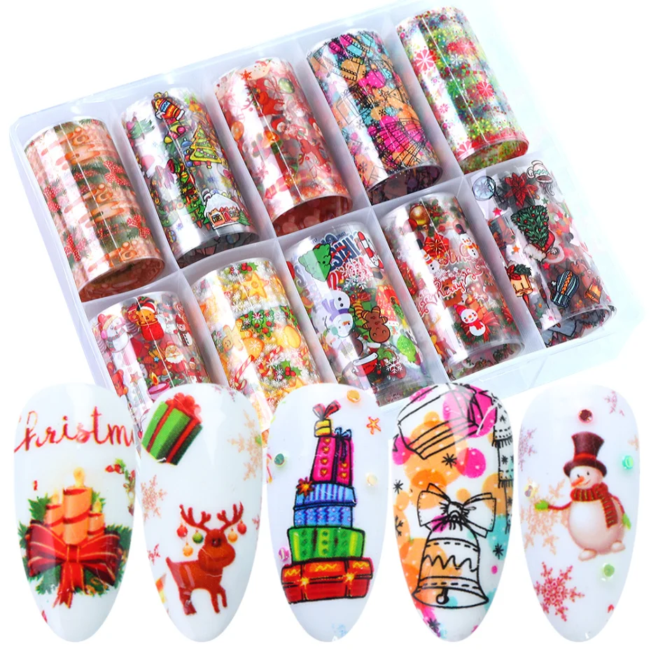 Новогодние ползунки для ногтей рождественские переводные наклейки из фольги