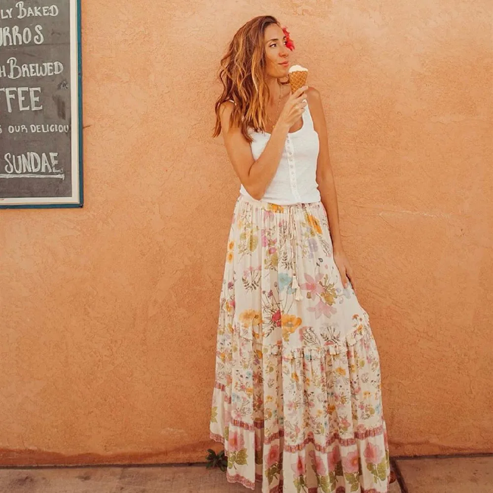 Женская винтажная длинная юбка трапеция желтая хлопковая с цветочным принтом