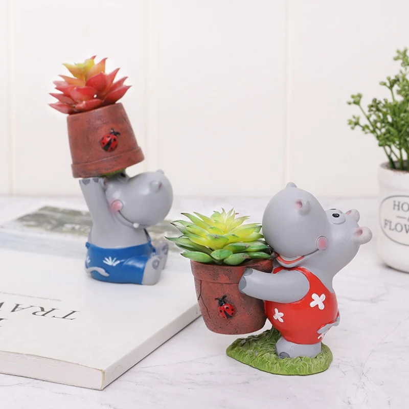 

CXD-Cartoon Hippo Flowerpot Mini Succulent Plant Pots Lovely Home Decoration Figurine Animal Couple Planter Household Garden