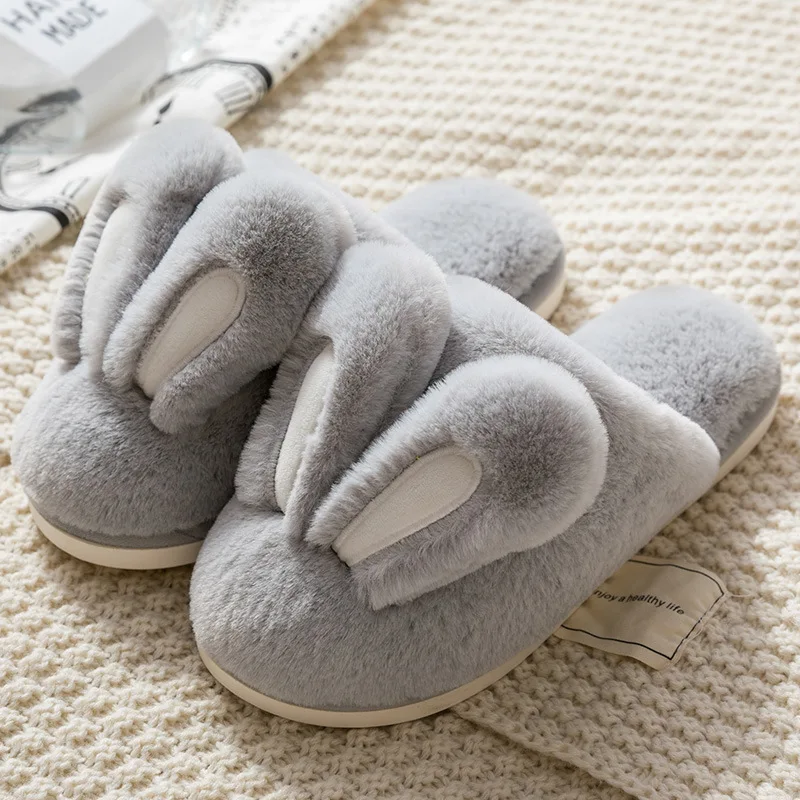 

Winter Slippers Women Cotton Slippers for Girl Home Non-slip Winter Shoes for Couple Rabbit Ears Warm and Thick Casual Shoes