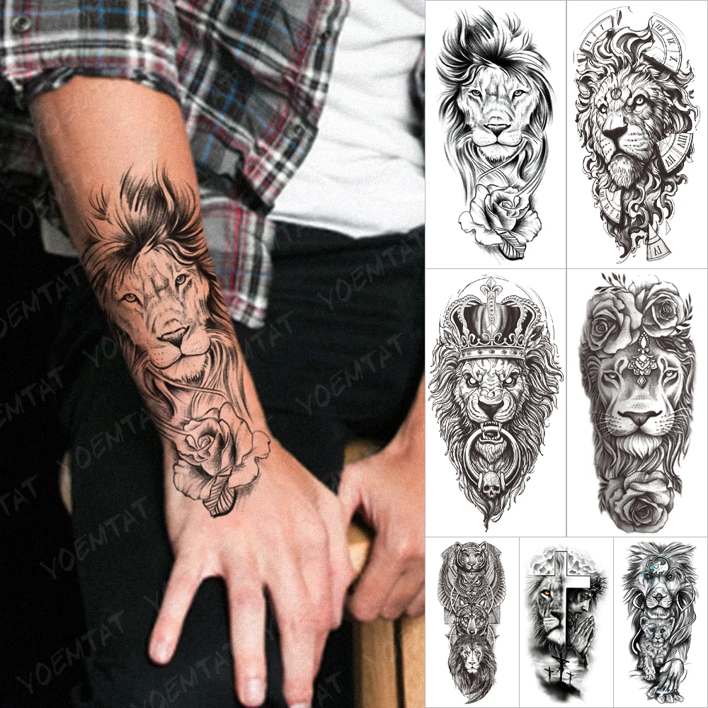

Waterproof Temporary Tattoo Sticker Lion Rose Crown Skull Tatto Wolf Cross Wild Animals Body Art Arm Fake Sleeve Tatoo Women Men