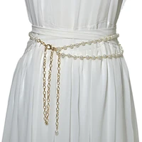 fashion elegant women imitation pearl belts alloy chain belts white imitation pearl chain women clothing accessories